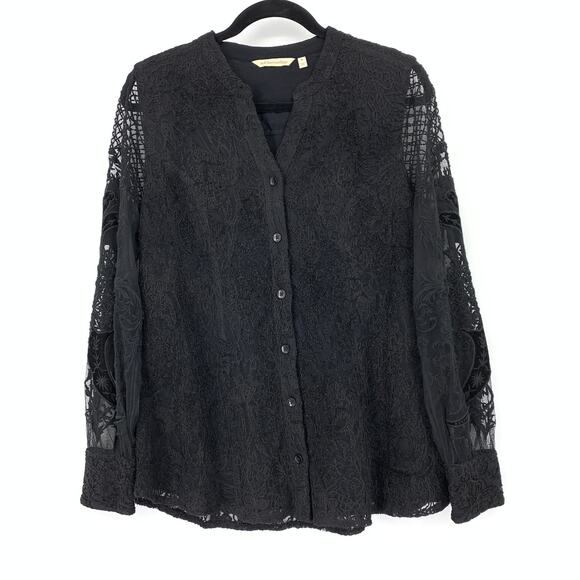 Soft Surroundings Button Front Lace Blouse Womens Sz M Sheer Long Sleeves Black - Picture 1 of 6